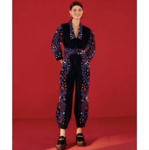 FARM RIO Embroidered Corduroy Jumpsuit Size Medium $495 Holiday Party